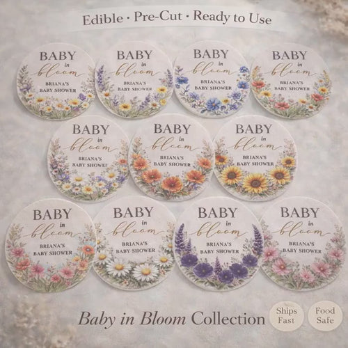 BABY IN BLOOM Edible Cupcake Toppers, Floral Shower Decorations, Boho Wildflower Baby Shower, Pre Cut