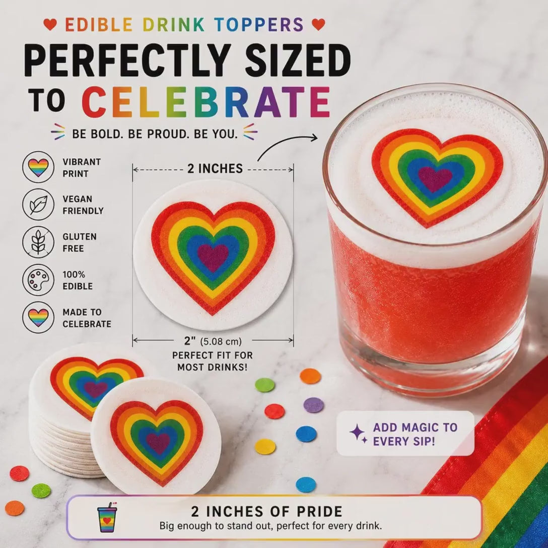 PRIDE RAINBOW EDIBLE Drink Toppers: Cupcake Toppers Set of 12, Wafer Paper And Icing Sheet, Party Decor