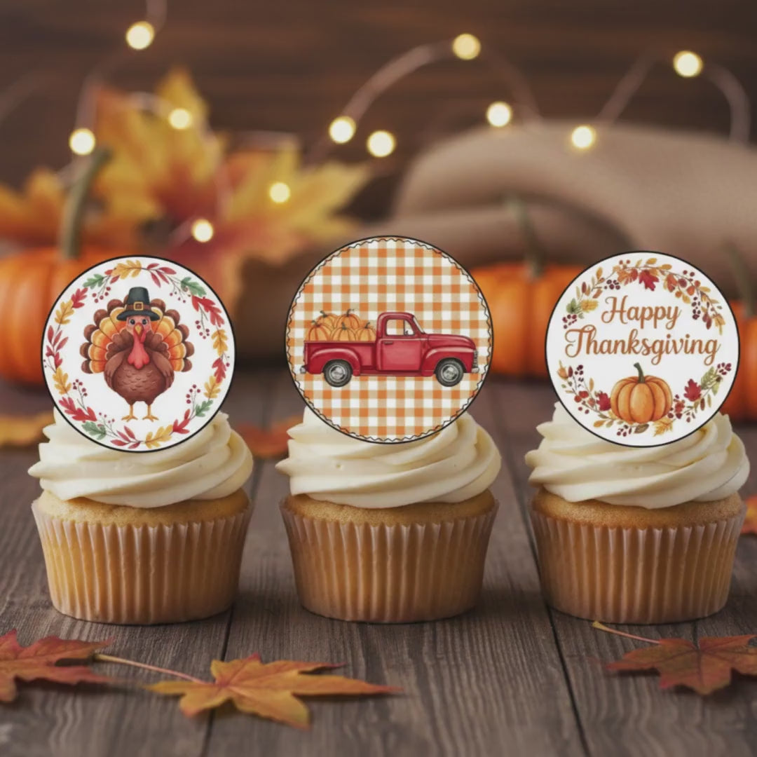 THANKSGIVING Cupcake Toppers: EDIBLE Fall Decorations, PUMPKIN Turkey Leaves, Friendsgiving Treats