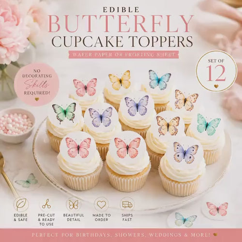 BUTTERFLY Cupcake Toppers: Edible GARDEN Party DECORATIONS, Wafer Paper or Frosting Sheets, Set of 12