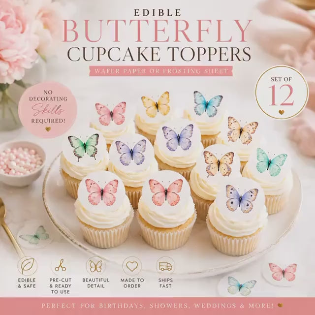 BUTTERFLY Cupcake Toppers: Edible GARDEN Party DECORATIONS, Wafer Paper or Frosting Sheets, Set of 12