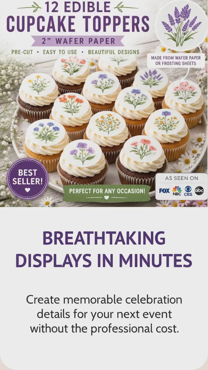 EDIBLE FLORAL Cupcake Toppers: WILDFLOWER Wafer Paper or Icing Sheet Cake Decorations, Set of 12