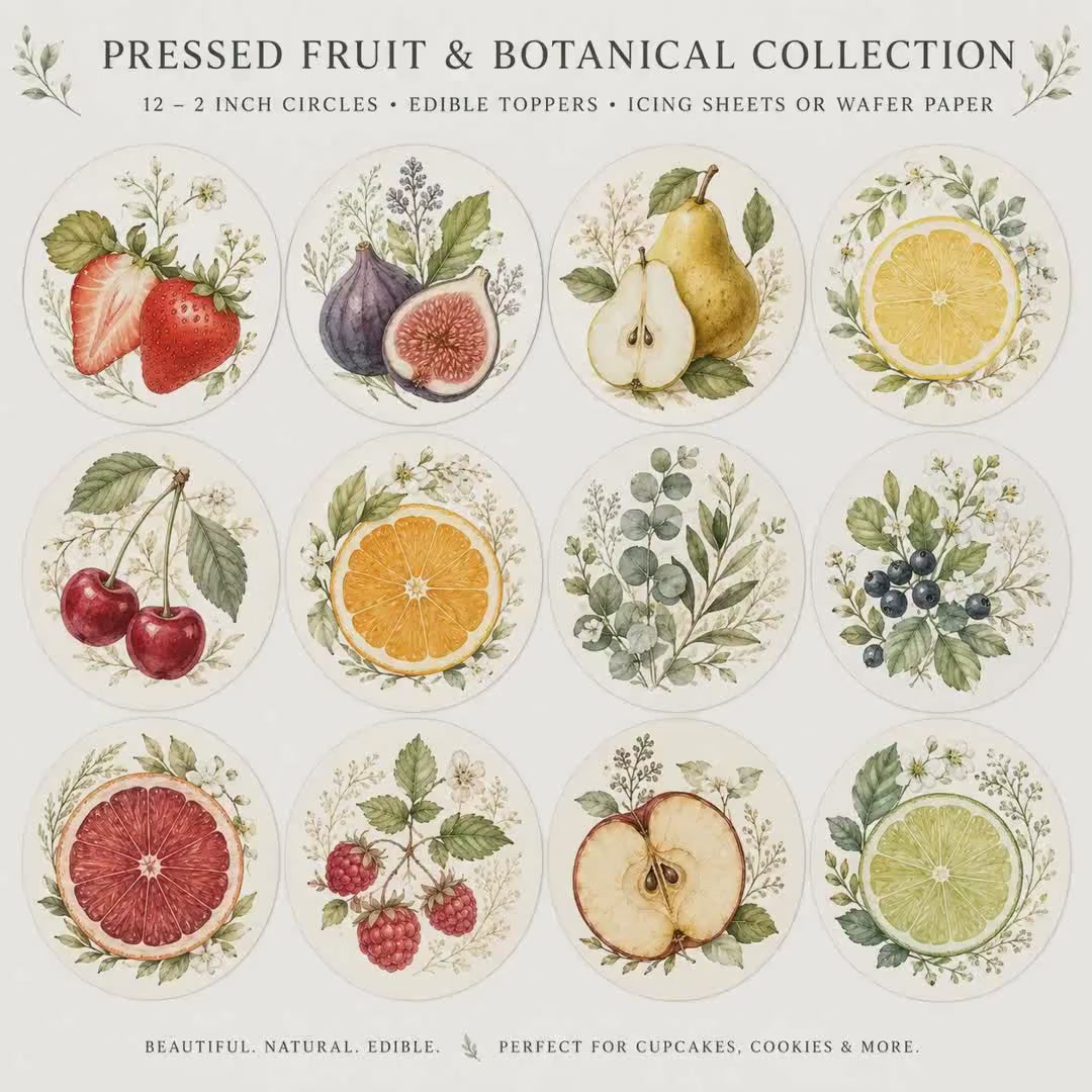 Pressed FRUIT & Botanical CUPCAKE TOPPERS Citrus Decorations Wafer Paper Icing Sheet Pre Cut, Set of 12