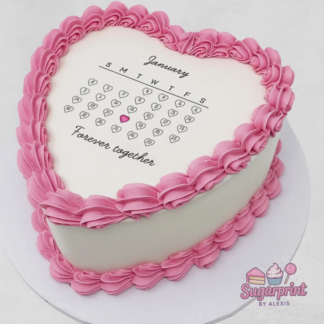 HEART CALENDAR Burn Away Cake Topper: Edible Frosting Sheet, Custom Date ANNIVERSARY Birthday Decoration