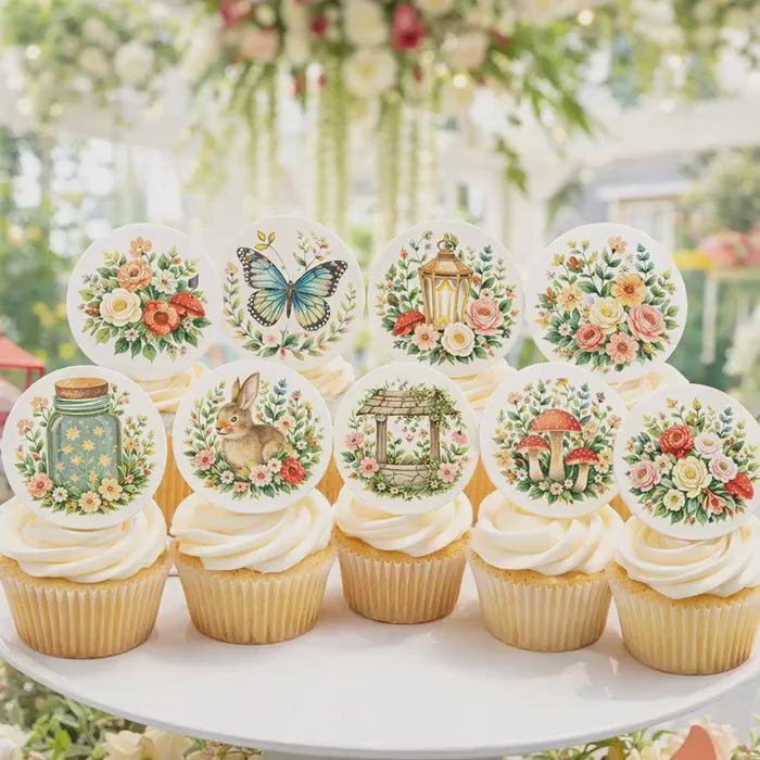 Fairy Garden Cupcake Toppers: Edible WOODLAND, MUSHROOM & Birthday Party Decorations, BOTANICAL Theme