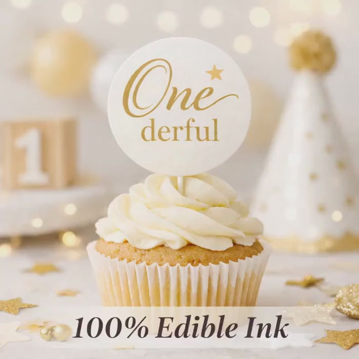 ONEDERFUL 1st BIRTHDAY Cupcake Toppers: PERSONALIZED Edible Frosting Circles, Smash Cake Decor Set 12