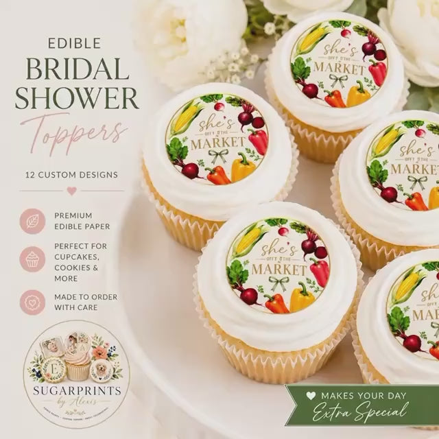BRIDAL SHOWER Edible Cupcake TOPPERS She’s Off The Market Wafer Paper or Icing Sheets, Set of 12