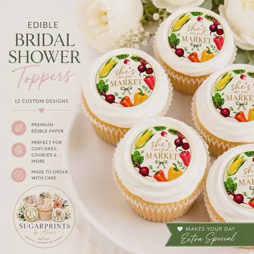BRIDAL SHOWER Edible Cupcake TOPPERS She’s Off The Market Wafer Paper or Icing Sheets, Set of 12