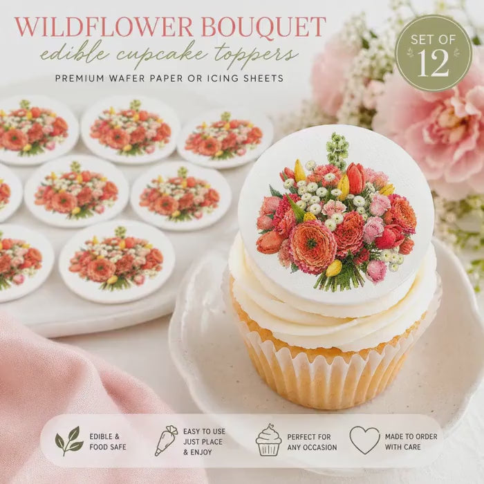 WILDFLOWER Watercolor BOUQUET Cupcake Toppers: EDIBLE Floral Wafer Paper Icing Sheet Decorations