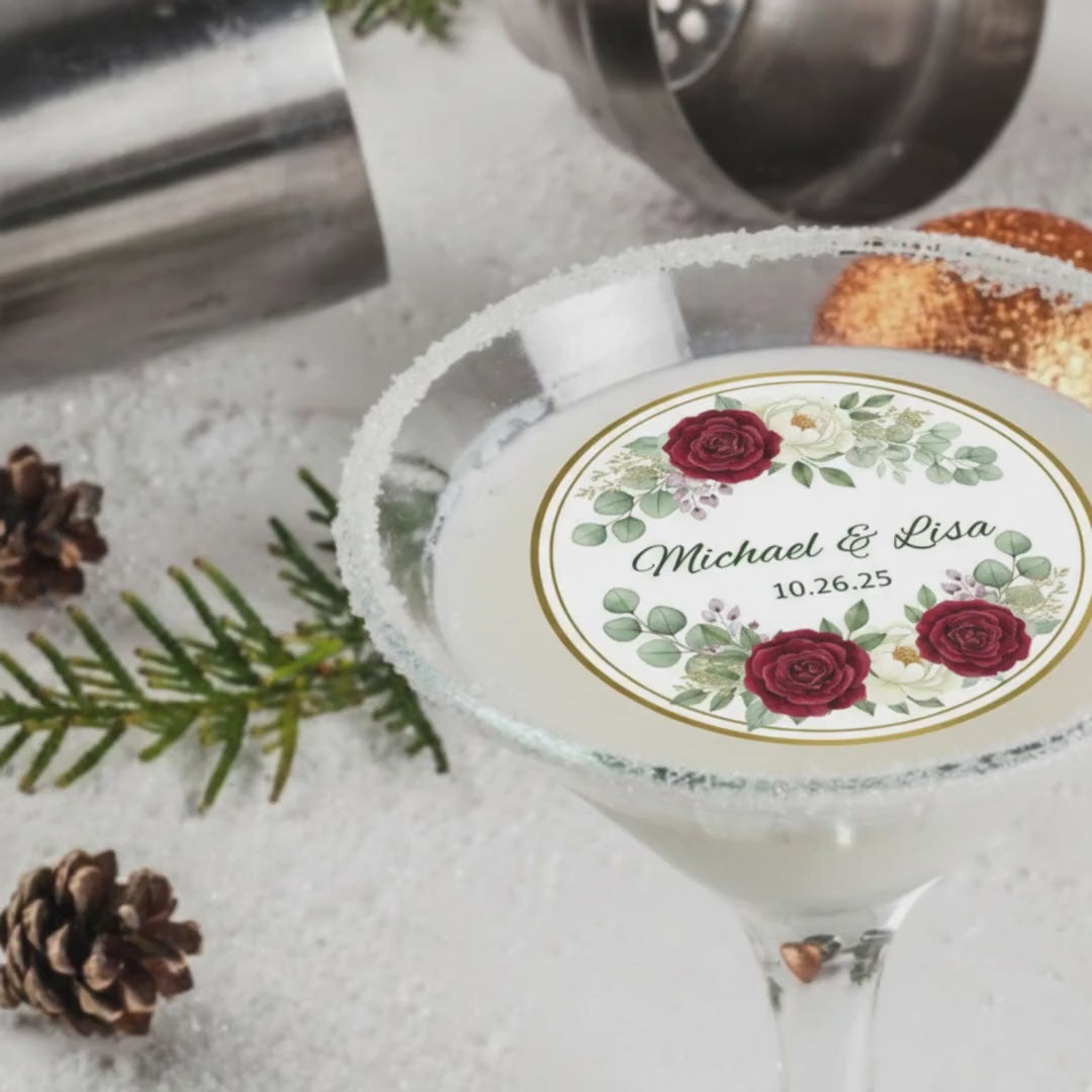 FLORAL WEDDING Drink TOPPERS: Edible Wafer Paper Circles With Names Date For Signature Cocktails