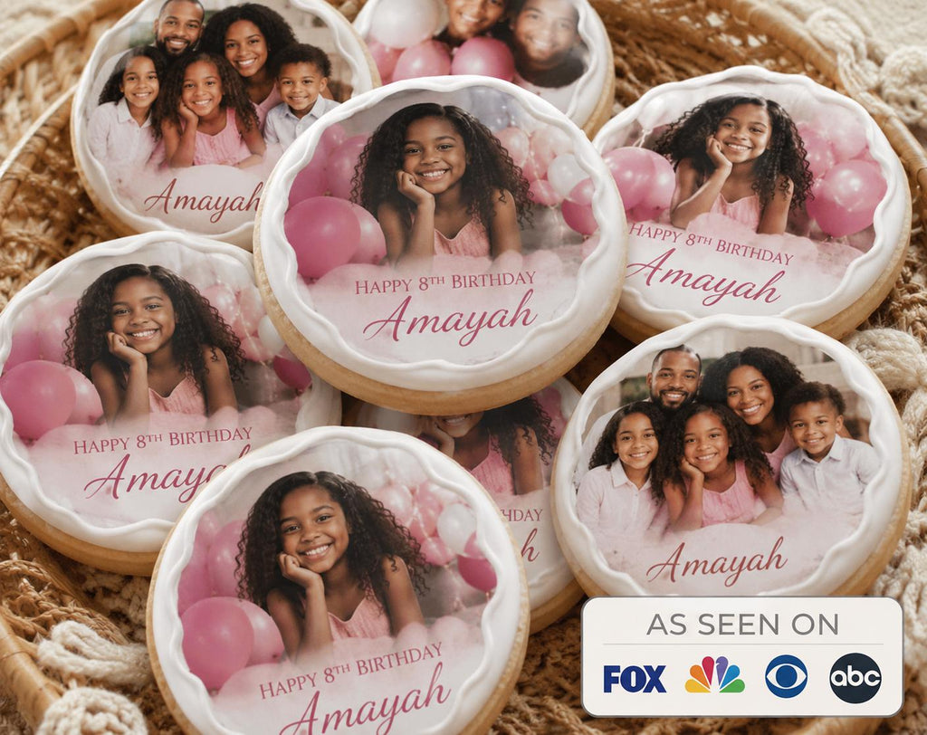 Custom Birthday photo edible cookie toppers printed on icing sheets, featuring personalized images for wedding or engagement celebrations. These edible circles are designed to be placed on cookies, cake pops, and desserts, adding a unique and meaningful touch to party favors and dessert tables. Made with food-safe ink, they offer vibrant and clear photo details, perfect for DIY baking projects, weddings, bridal showers, and special occasions