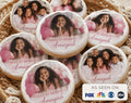 Custom Birthday photo edible cookie toppers printed on icing sheets, featuring personalized images for wedding or engagement celebrations. These edible circles are designed to be placed on cookies, cake pops, and desserts, adding a unique and meaningful touch to party favors and dessert tables. Made with food-safe ink, they offer vibrant and clear photo details, perfect for DIY baking projects, weddings, bridal showers, and special occasions
