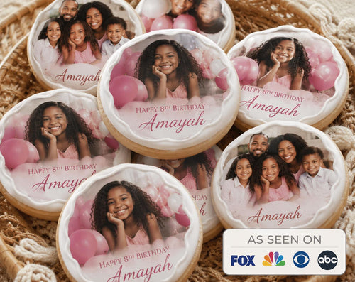 Custom birthday photo cupcake toppers by SugarPrints featuring personalized edible icing sheets for festive dessert decoration.