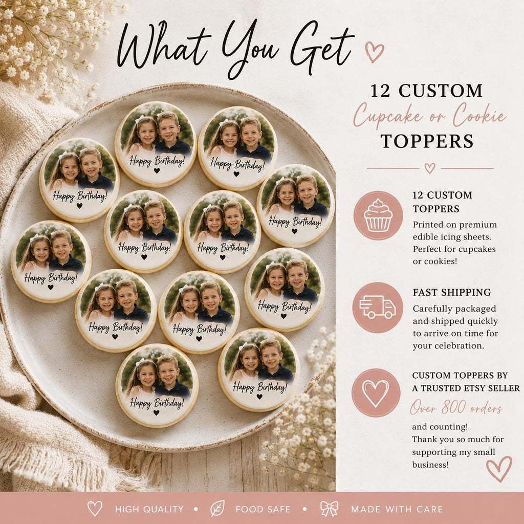 Custom Photo Birthday cupcake or cookie topper and what you get from sugar print by Alexis includes Fast shipping, custom photos and a sale from a trusted seller on Etsy with over 800 sales