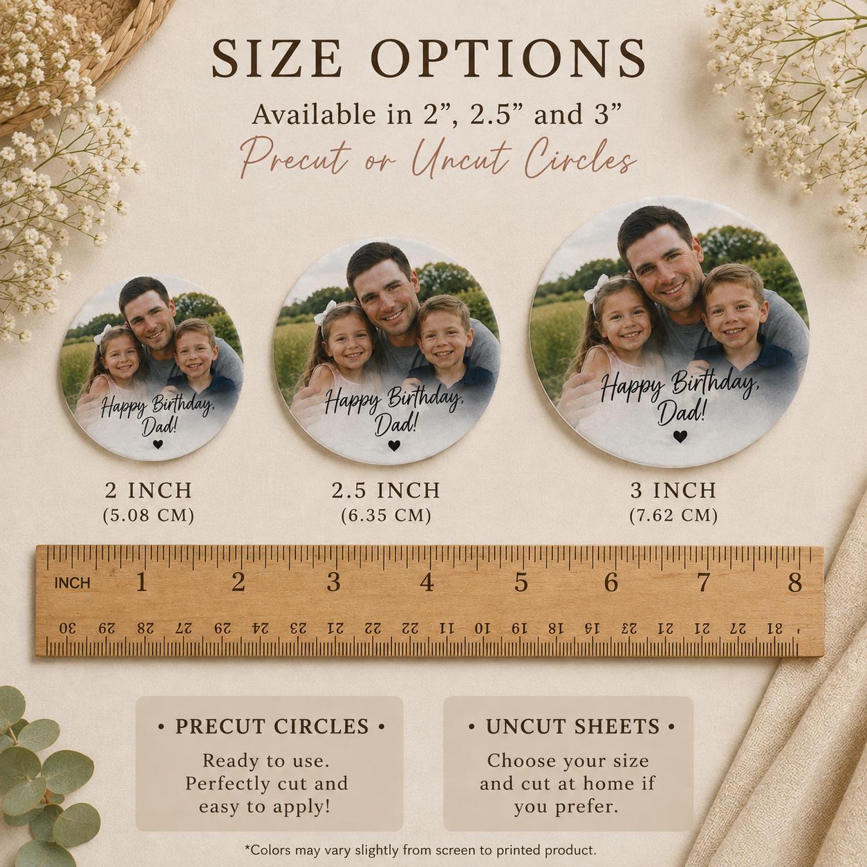 custom photo birthday, cupcake and cookie toppers size reference photo that is available in 2 inches, 2 1/2 inches and 3 inch circles