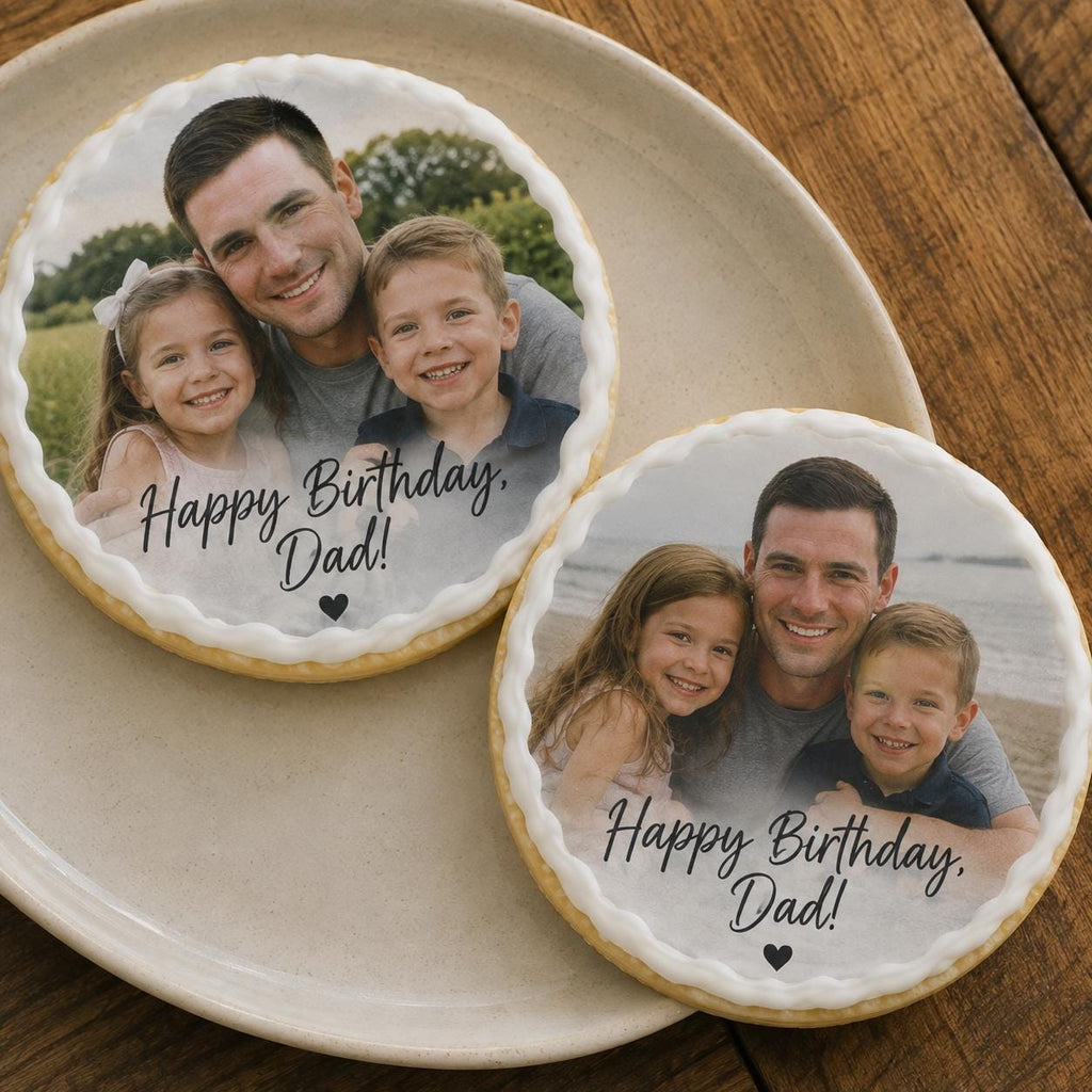 custom photo cookies Happy Birthday Dad with two kids by SugarPrints by Alexis