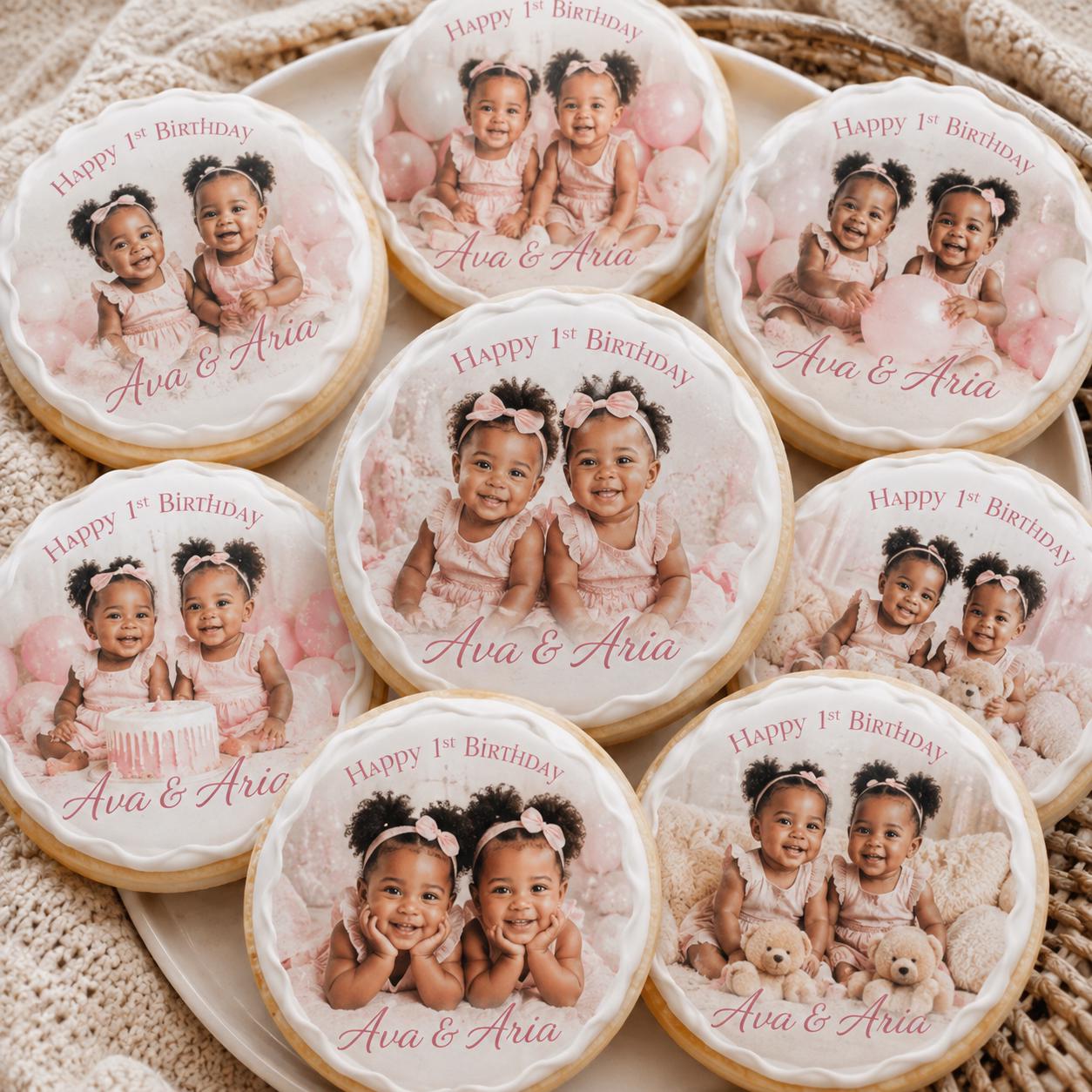 Custom Happy Birthday Photo Cookies with Twin girls by SugarPrints by Alexis