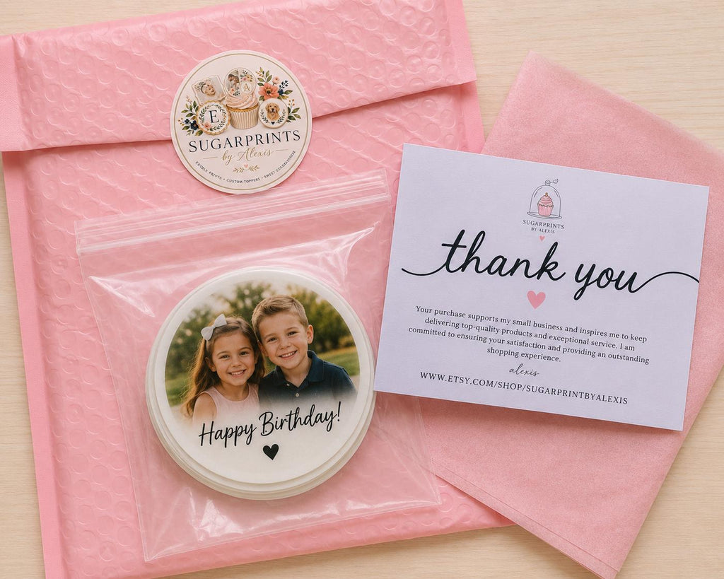 Custom edible Birthday Photo cookies in SugarPrints by Alexis custom packaging