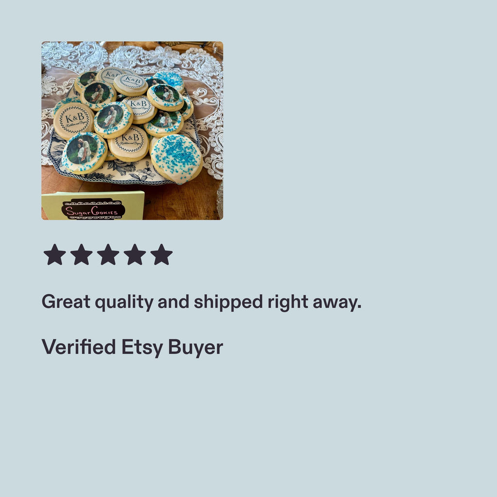 Custom  photo edible cookie toppers printed on icing sheets, featuring personalized images for wedding or engagement celebrations. These edible circles are designed to be placed on cookies, cake pops, and desserts, adding a unique and meaningful touch to party favors and dessert tables. Made with food-safe ink, they offer vibrant and clear photo details, perfect for DIY baking projects, weddings, bridal showers, and special occasions