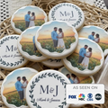 Custom wedding photo edible cookie toppers printed on icing sheets, featuring personalized images for wedding or engagement celebrations. These edible circles are designed to be placed on cookies, cake pops, and desserts, adding a unique and meaningful touch to party favors and dessert tables. Made with food-safe ink, they offer vibrant and clear photo details, perfect for DIY baking projects, weddings, bridal showers, and special occasions