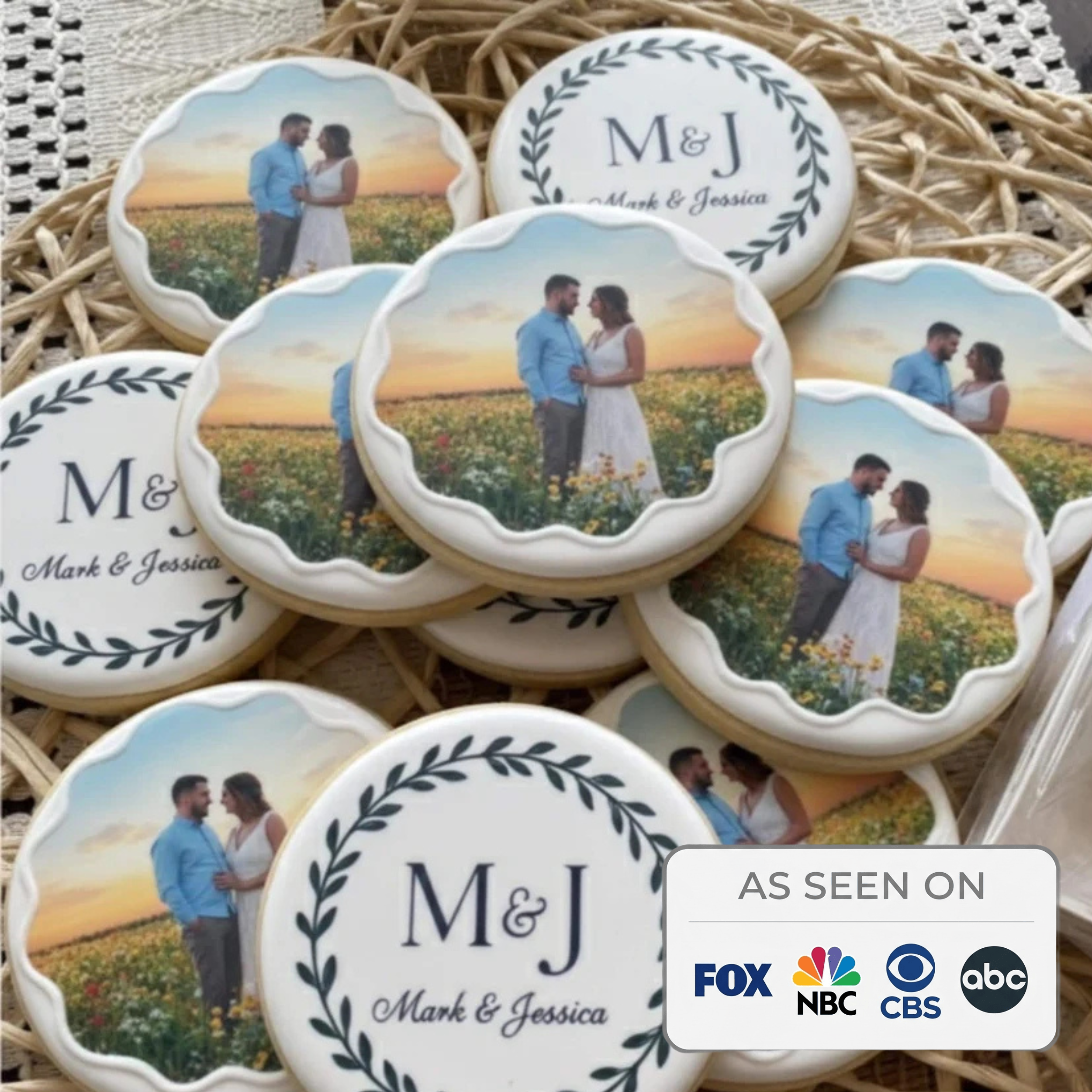 Custom wedding photo edible cookie toppers printed on icing sheets, featuring personalized images for wedding or engagement celebrations. These edible circles are designed to be placed on cookies, cake pops, and desserts, adding a unique and meaningful touch to party favors and dessert tables. Made with food-safe ink, they offer vibrant and clear photo details, perfect for DIY baking projects, weddings, bridal showers, and special occasions