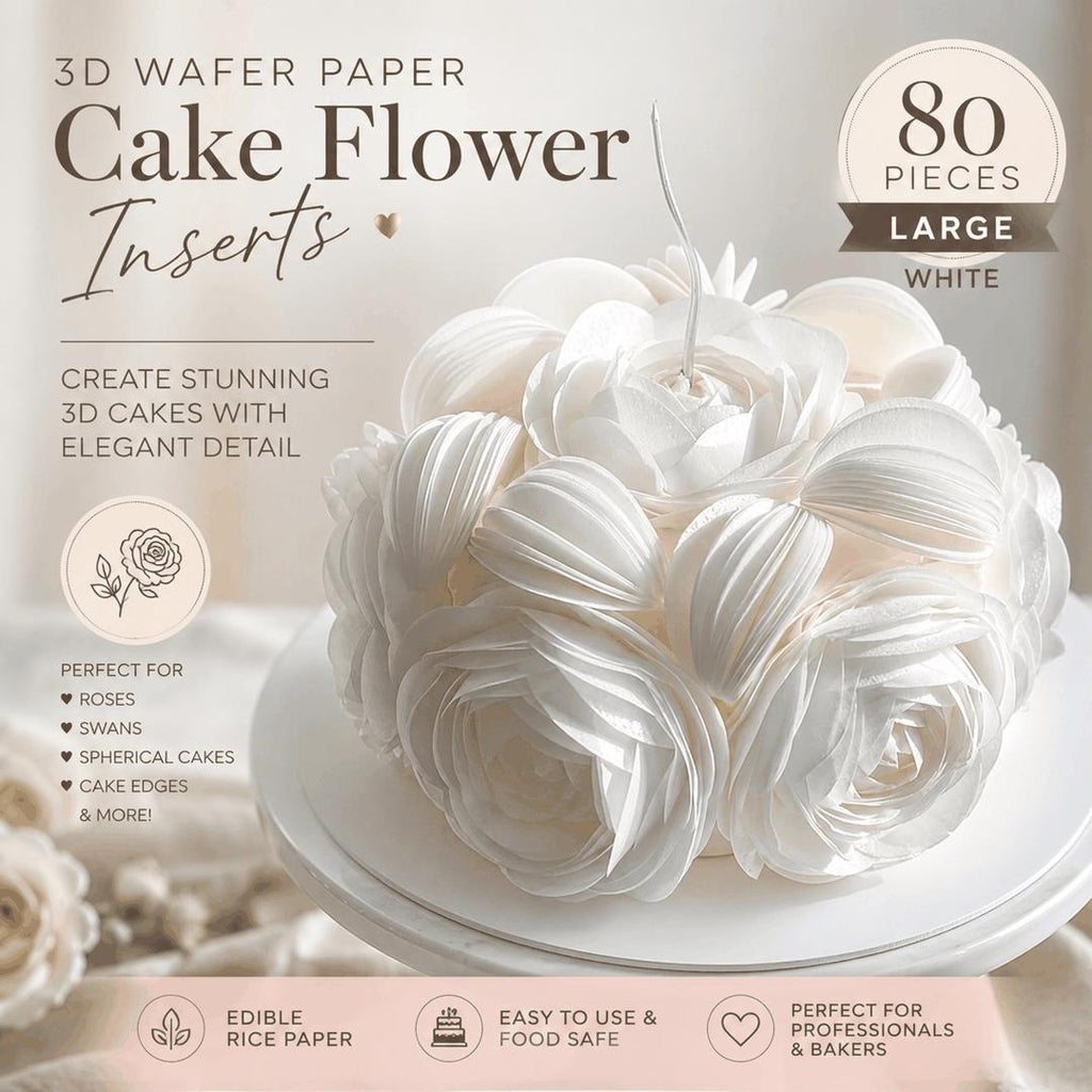 White edible wafer paper circles with 3D cupcake and cake flower inserts, swans, roses, and cake borders for baking decoration.