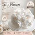 White edible wafer paper circles with 3D cupcake and cake flower inserts, swans, roses, and cake borders for baking decoration.