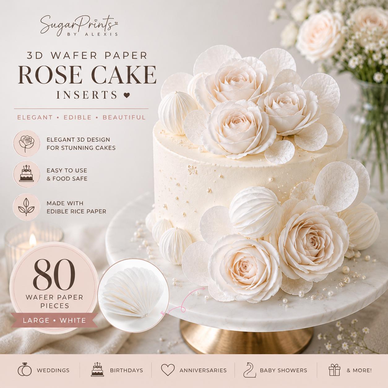 White edible wafer paper circles with 3D cupcake and cake flower inserts, swan and rose designs, for cake borders and decorations.