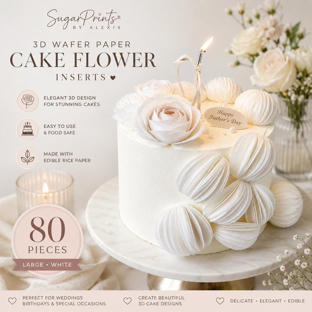 White edible wafer paper circles with 3D cupcake and cake flower inserts, featuring swans and roses for cake borders.
