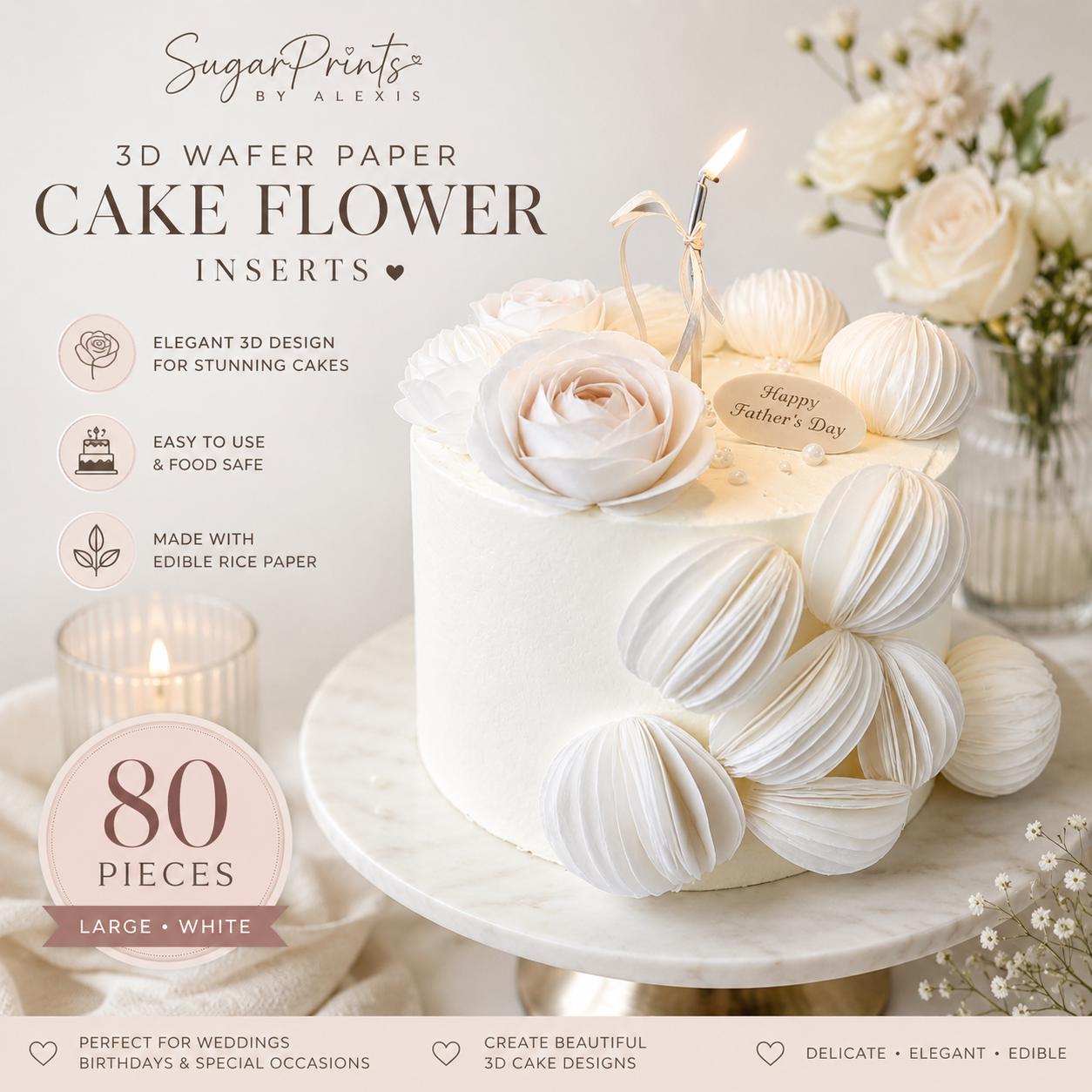White edible wafer paper circles with 3D cupcake and cake flower inserts, featuring swans and roses for cake borders.