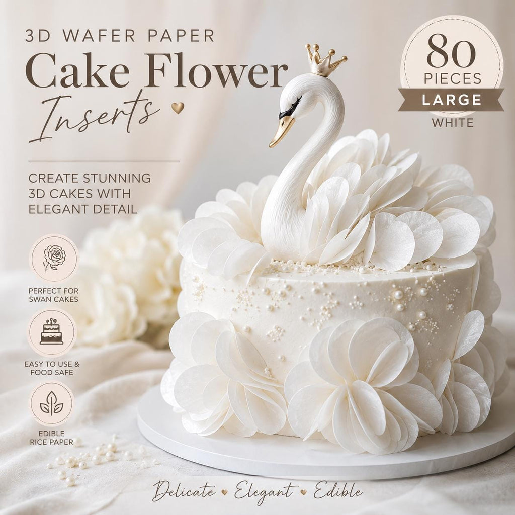 White edible wafer paper circles with 3D cupcake and cake flower inserts, including swans and roses, for cake borders and decorations.