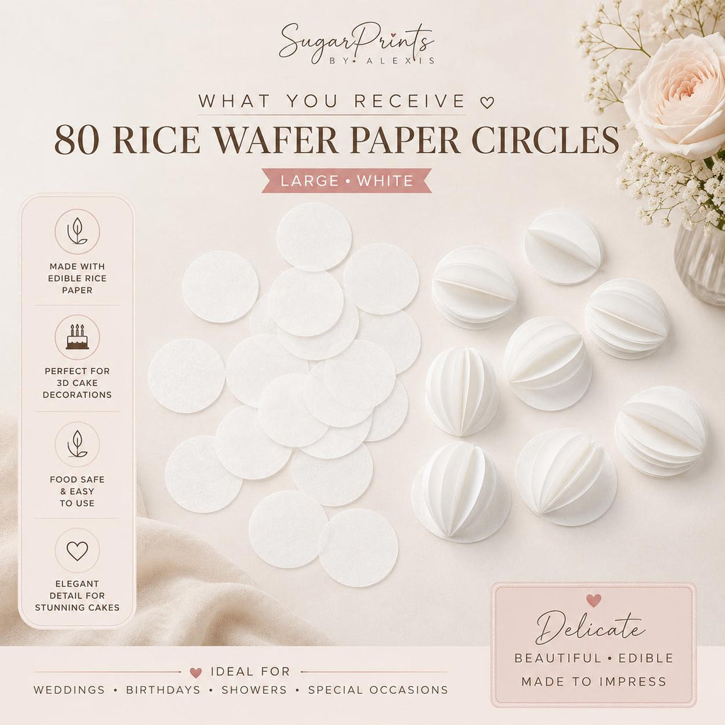 White edible wafer paper circles with 3D cupcake and cake flower inserts, including swans and roses for cake borders.