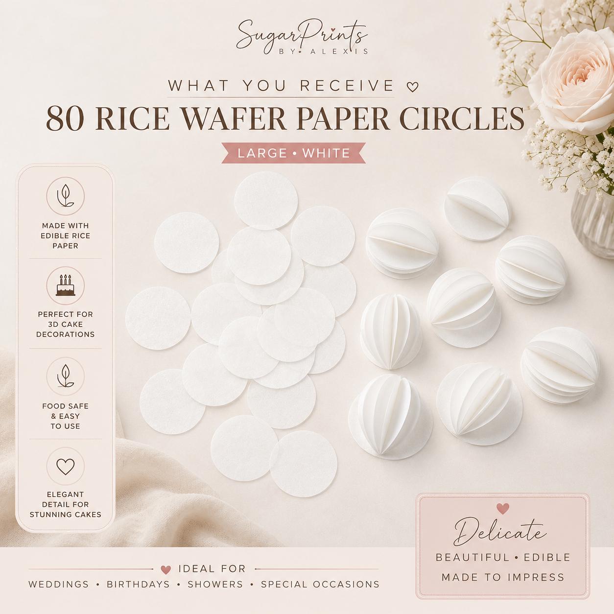 White edible wafer paper circles with 3D cupcake and cake flower inserts, including swans and roses for cake borders.
