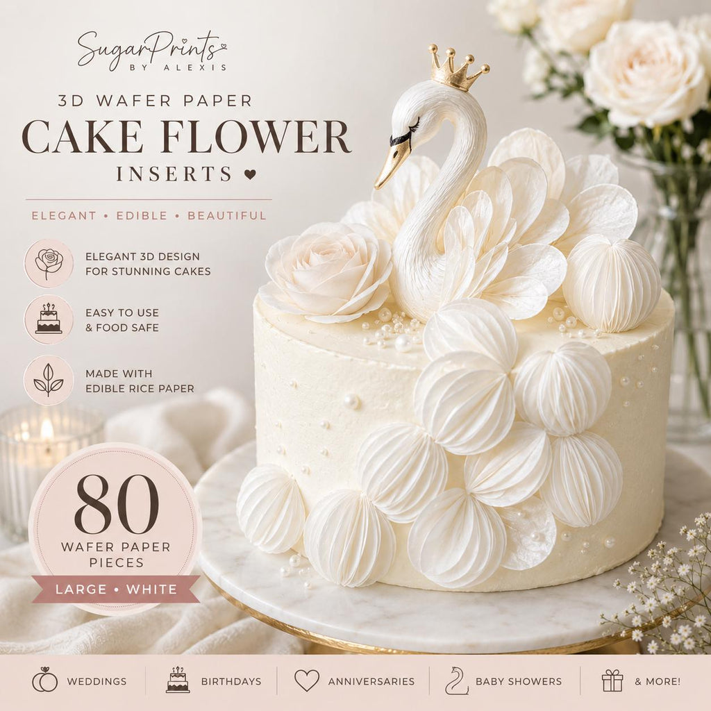 White edible wafer paper circles with 3D cupcake and cake flower inserts, swans, roses, and cake border designs by SugarPrints.