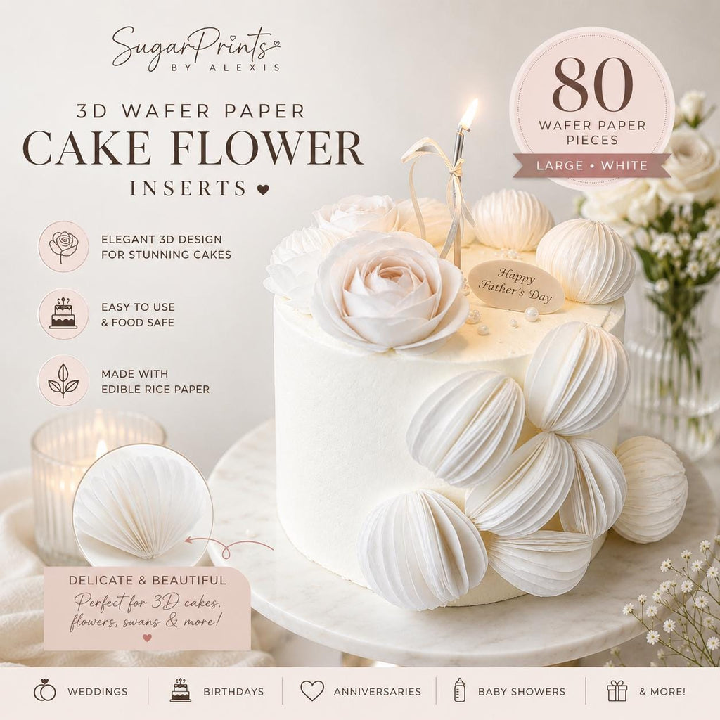 White edible wafer paper circles with 3D cupcake and cake flower inserts, swans, roses, and cake borders for baking decorations.