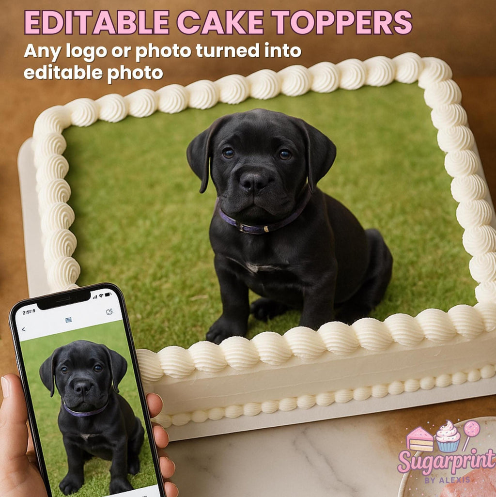 Custom edible frosting sheet cake topper with personalized photo design for birthday cakes by SugarPrints by Alexis.