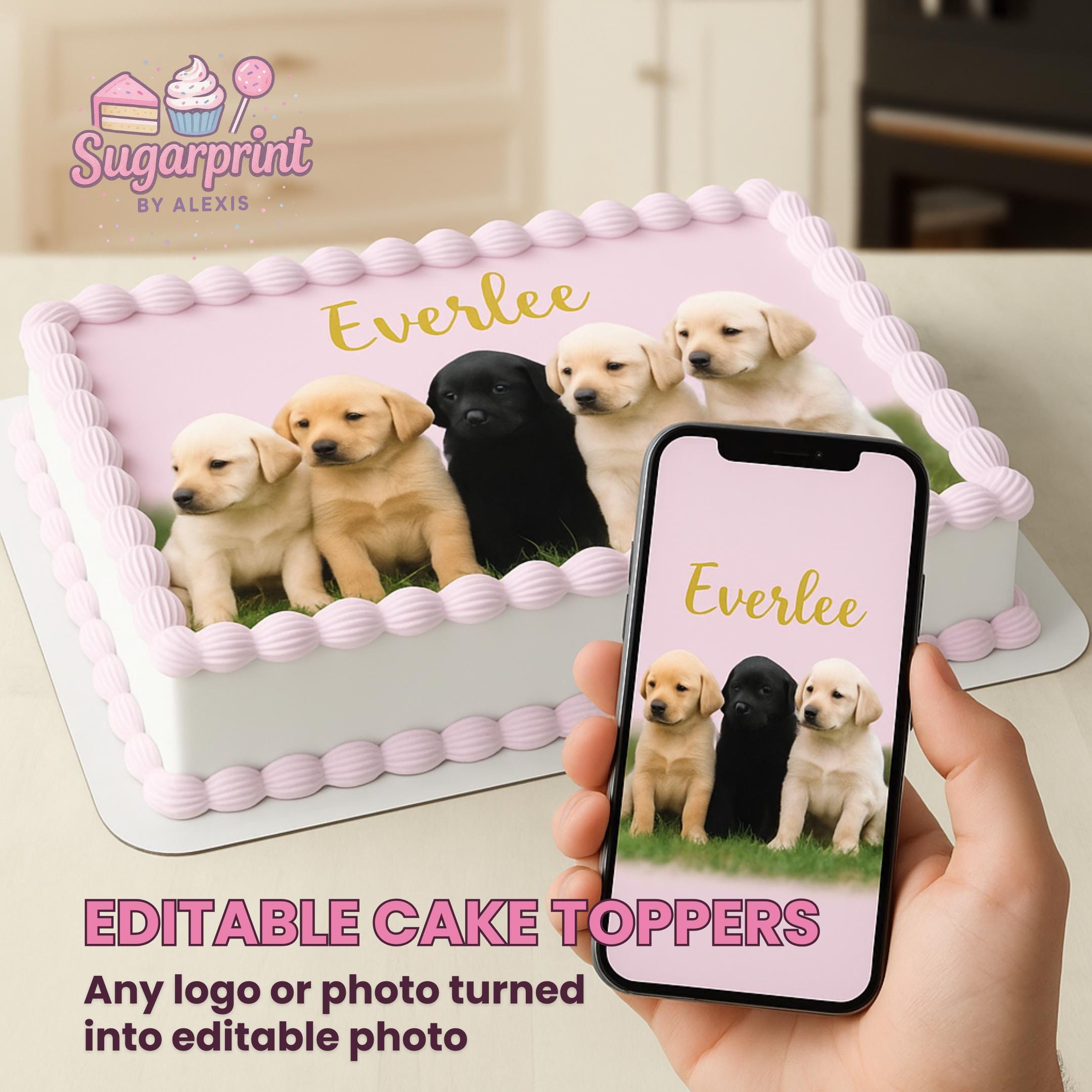 Custom edible frosting sheet cake topper with personalized birthday image on round cake decoration by SugarPrints by Alexis.