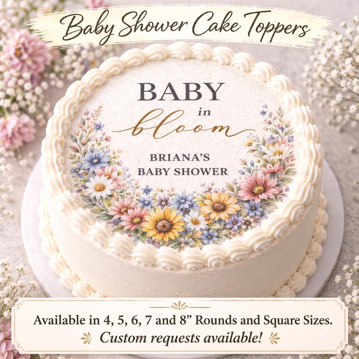 Custom boho wildflower cake topper by SugarPrints for baby shower, edible floral cupcake decoration, pre-cut and decorative.