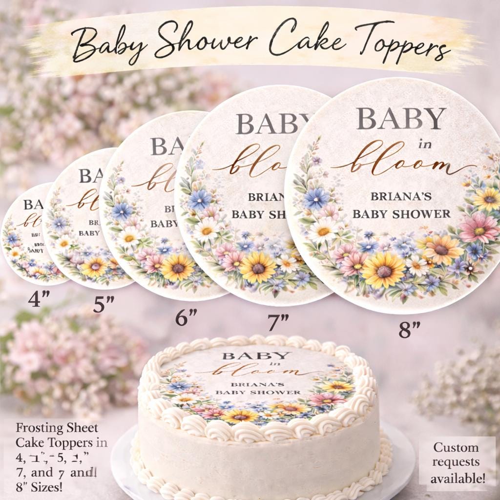 Edible boho wildflower cake toppers for baby shower, pre-cut floral decorations on sugar paper by SugarPrints by Alexis.