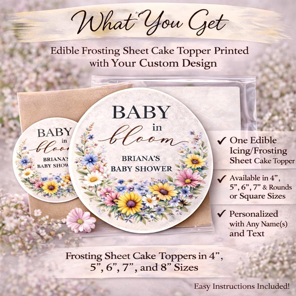 Custom boho wildflower cake topper by SugarPrints for baby shower, edible floral cupcake decoration, pre-cut and detailed.