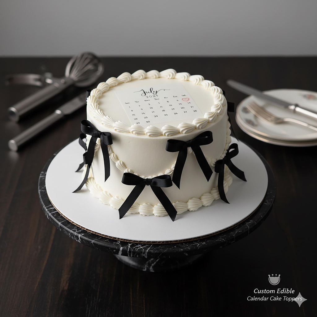 Custom edible calendar cake topper by SugarPrints featuring burn-away wafer paper reveal and personalized date decoration.