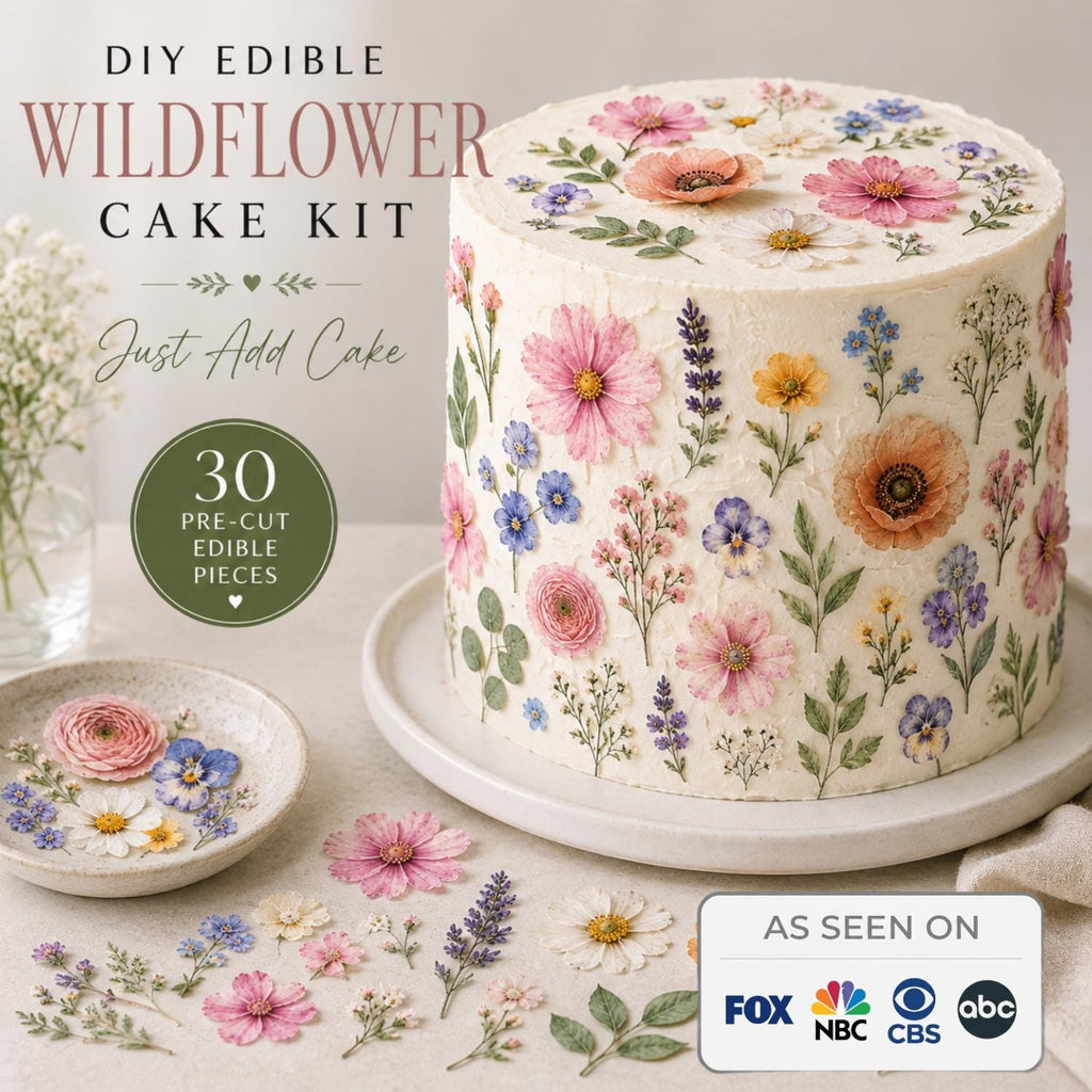 DIY edible wildflower cake topper kit by SugarPrints, includes pre-cut floral decorations for cake decorating.