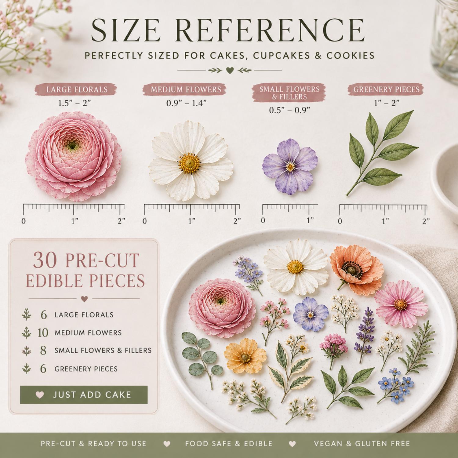 DIY edible wildflower cake topper by SugarPrints with pre-cut floral decorations for cake decorating and dessert embellishments.