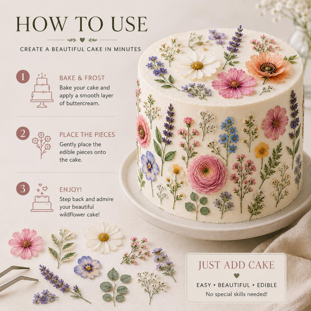 Edible wildflower cake topper from SugarPrints by Alexis, pre-cut floral decorations for cake decorating on an icing sheet.