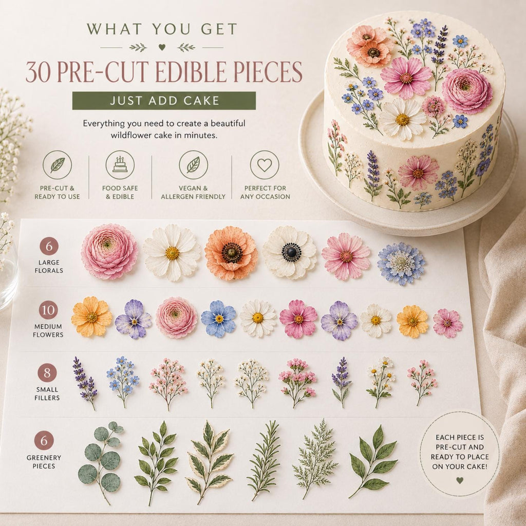 DIY edible wildflower cake topper from SugarPrints by Alexis, featuring pre-cut floral dessert decorations on an icing sheet.
