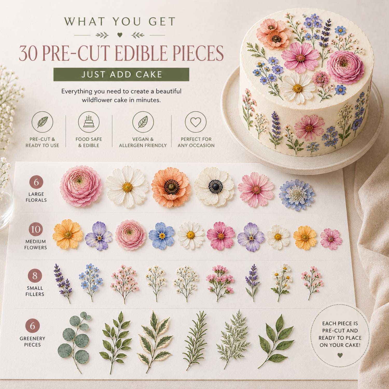 DIY edible wildflower cake topper from SugarPrints by Alexis, featuring pre-cut floral dessert decorations on an icing sheet.