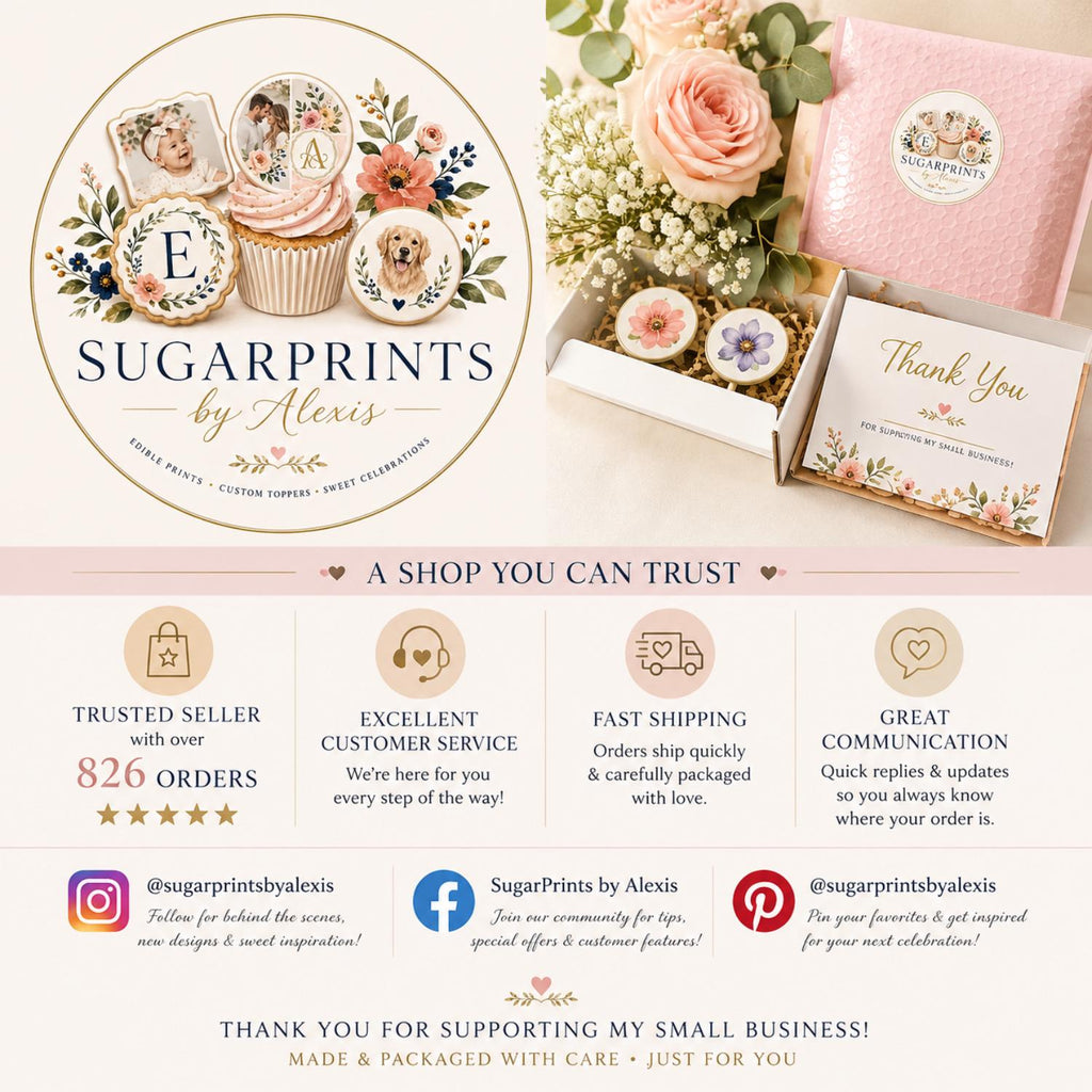 Edible wildflower cake topper kit by SugarPrints featuring pre-cut floral dessert decorations on an icing sheet.