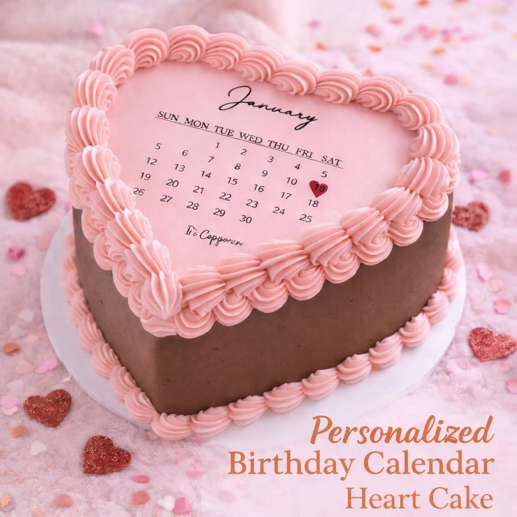 Burn Away Cake Topper Heart Calendar edible frosting sheet set by SugarPrints by Alexis, featuring a heart-shaped calendar design.