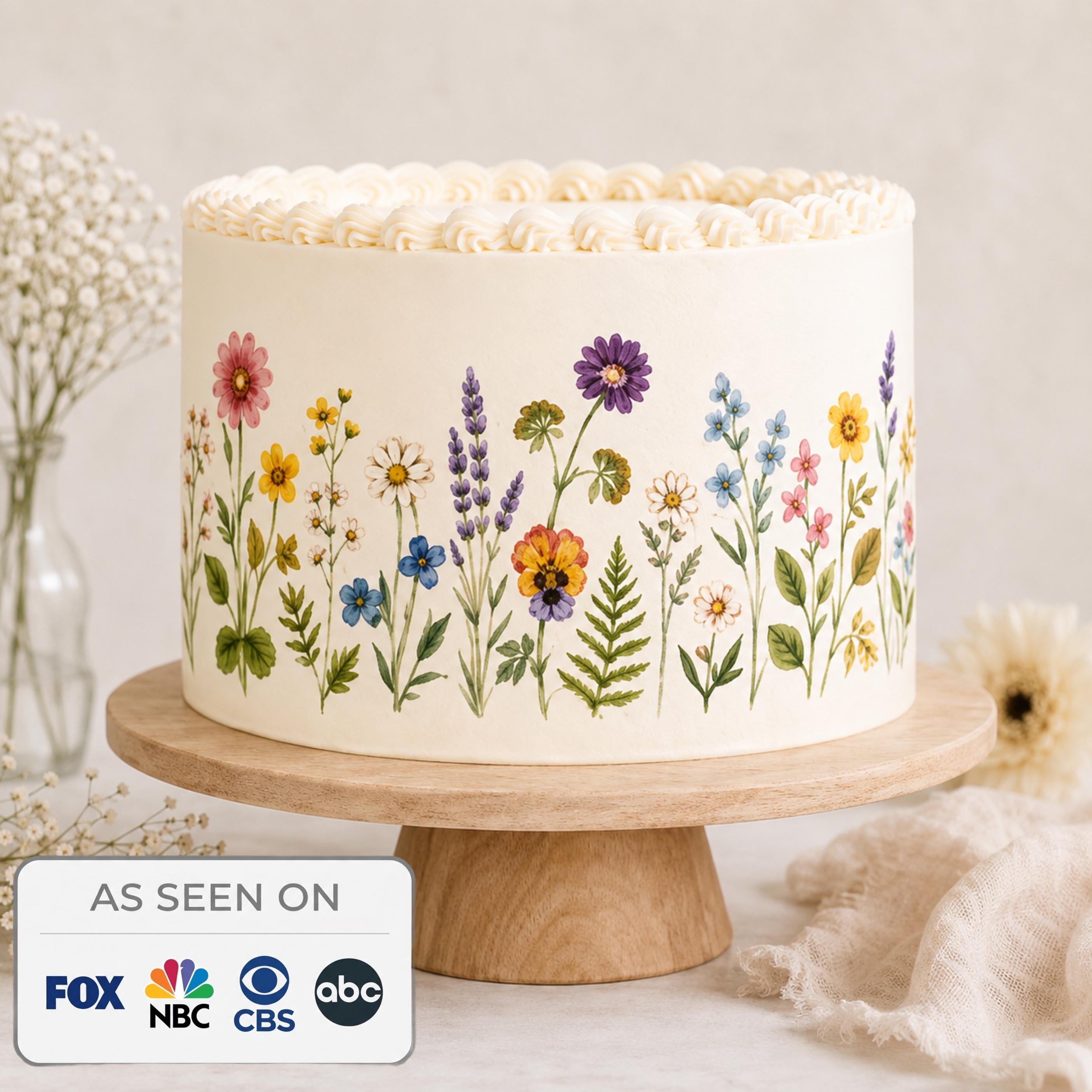 Edible wildflower cake wrap on a white frosted cake featuring colorful botanical flowers, pre-cut icing sheet cake decoration for weddings and birthdays. SugarPrints by Alexis As Seen on FOX, NBC, CBS, ABC.
