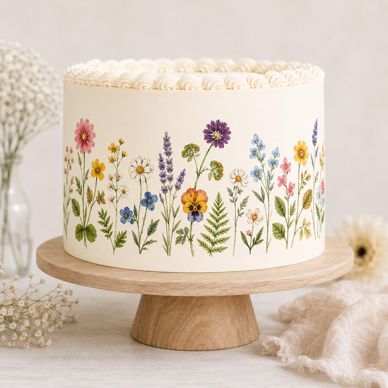 Edible wildflower cake wrap on a white frosted cake featuring colorful botanical flowers, pre-cut icing sheet cake decoration for weddings and birthdays.